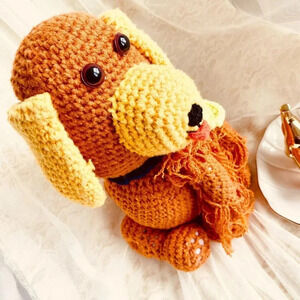 Stuffed Plushy Cute Brown and Cream Yellow Puppy Doggy Crochet Knit Doll Toy 12"